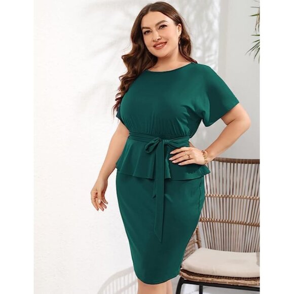 Women Plus Size Bodycon Midi Dress Elegant Peplum Cocktail Work Office - Picture 2 of 5
